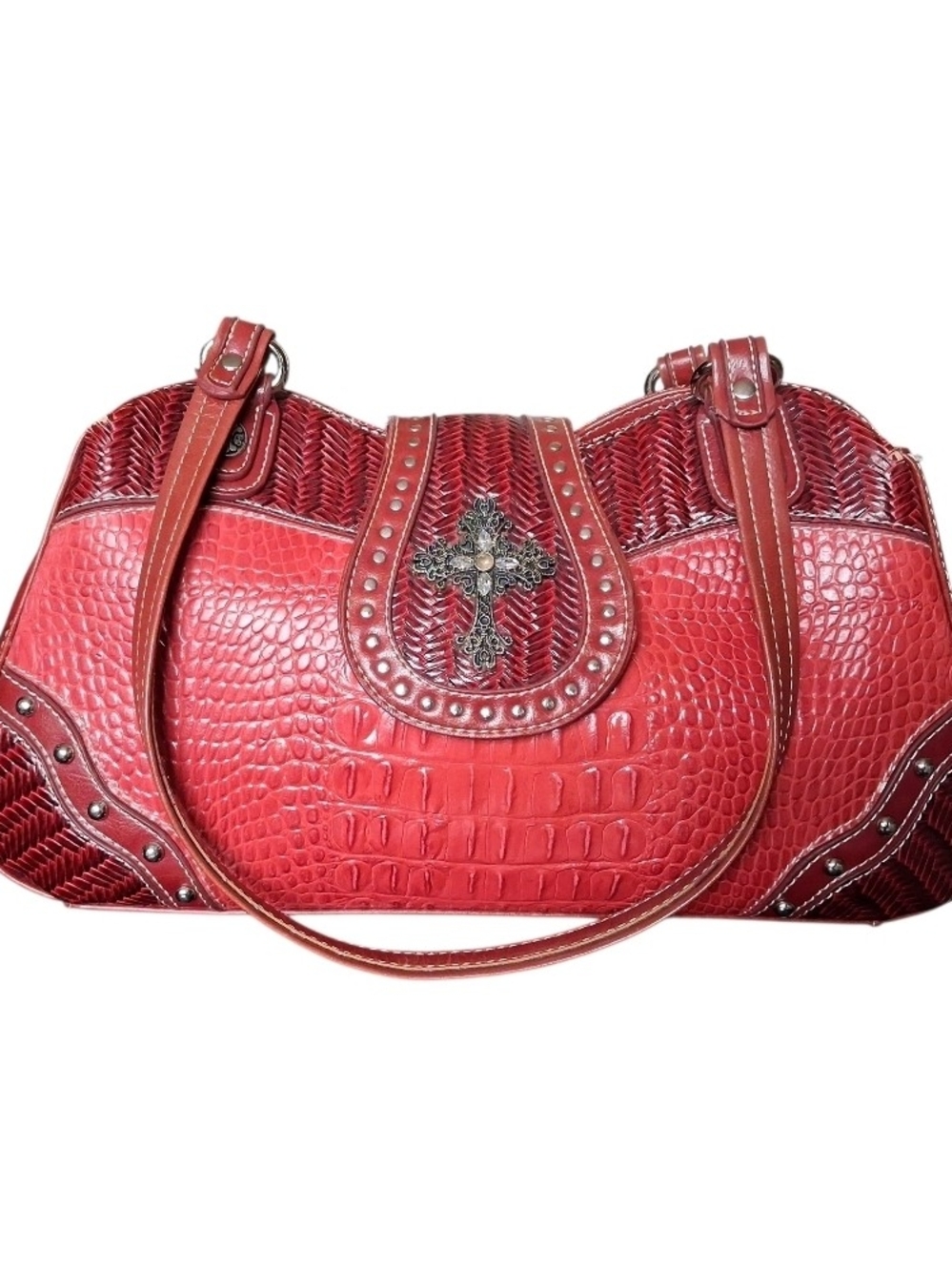 Vintage Y2K Red Embossed Crocodile Cross Accent Satchel Bag - Genuine Leather